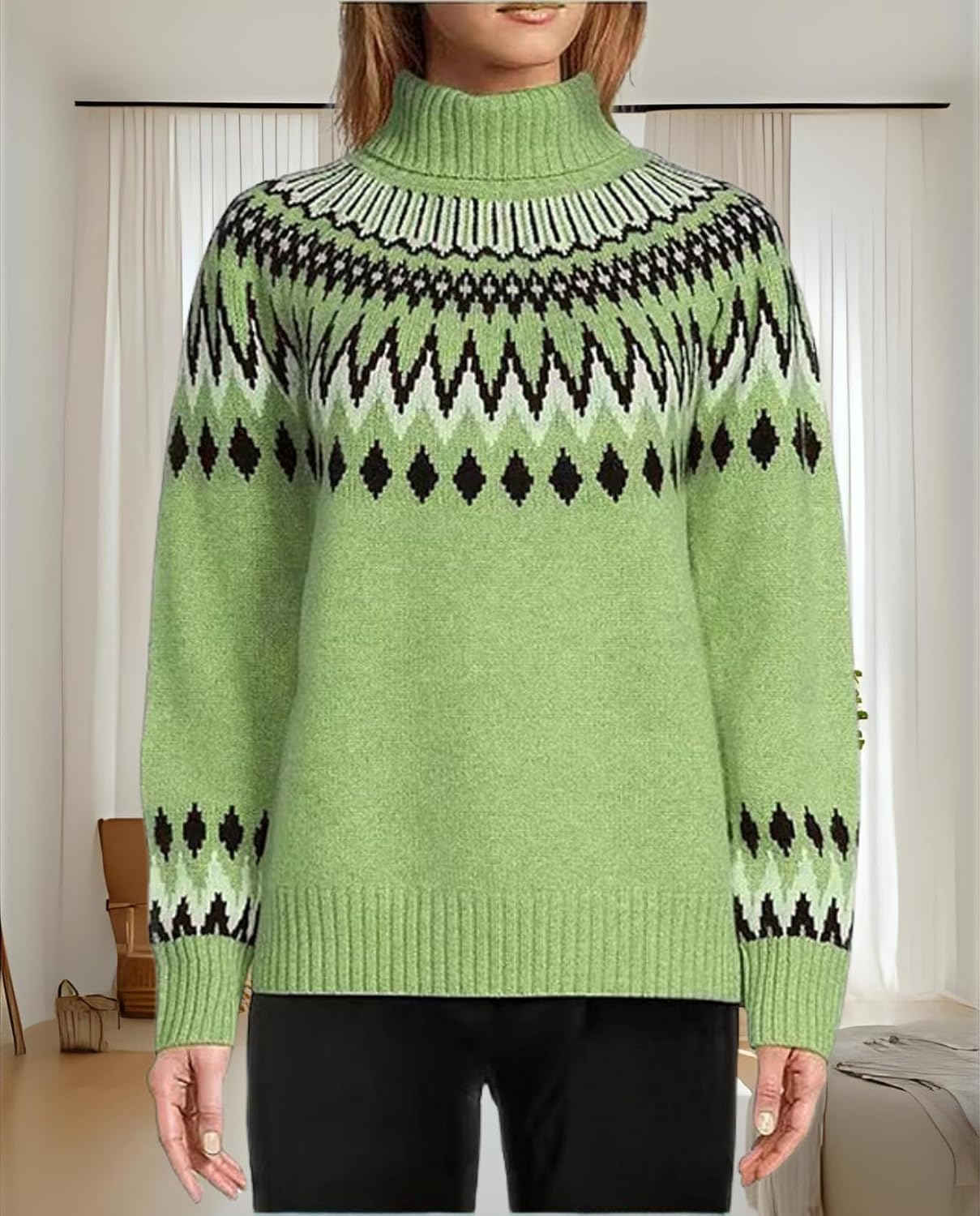 Women's Geometric Print Turtleneck Sweater Winter Warm Long Sleeve Casual Top for Vacation and Daily Wear - Image 2