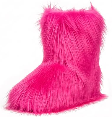 Faux Fur Boots for Women Furry Fuzzy Fluffy Boots Round Toe Mid-Calf Winter Snow Boots Comfortable Outdoor Flat Shoes