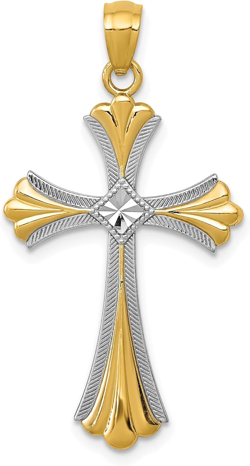 Diamond2Deal 14K Yellow Gold Diamond-cut Rhodium Plated Religious Crucifix Cross Pendant 33mm