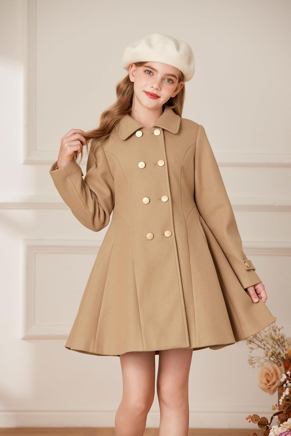 GRACE KARIN Girls Dress Coat Fall Winter Double Breasted Peacoat Bow Pocket
