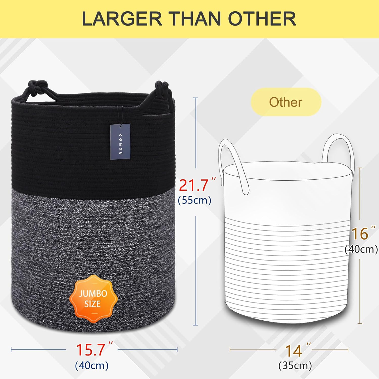 COMSE 2 Pack Tall Laundry Baskets, Tall Blanket Baskets, Laundry Hampers, Cotton Rope Baskets, Toy Baskets, Clothes Baskets, 15.7" x 21.7"