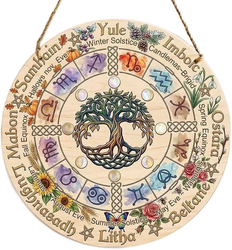 Wooden Wheel of the Year Door Sign - 12 Inch Pagan Calendar Wall Hanging - Celtic Seasons & Sabbats Decor - Witchy Spiritual Gifts, Wiccan Home Accessory for Altar, Porch, or Garden