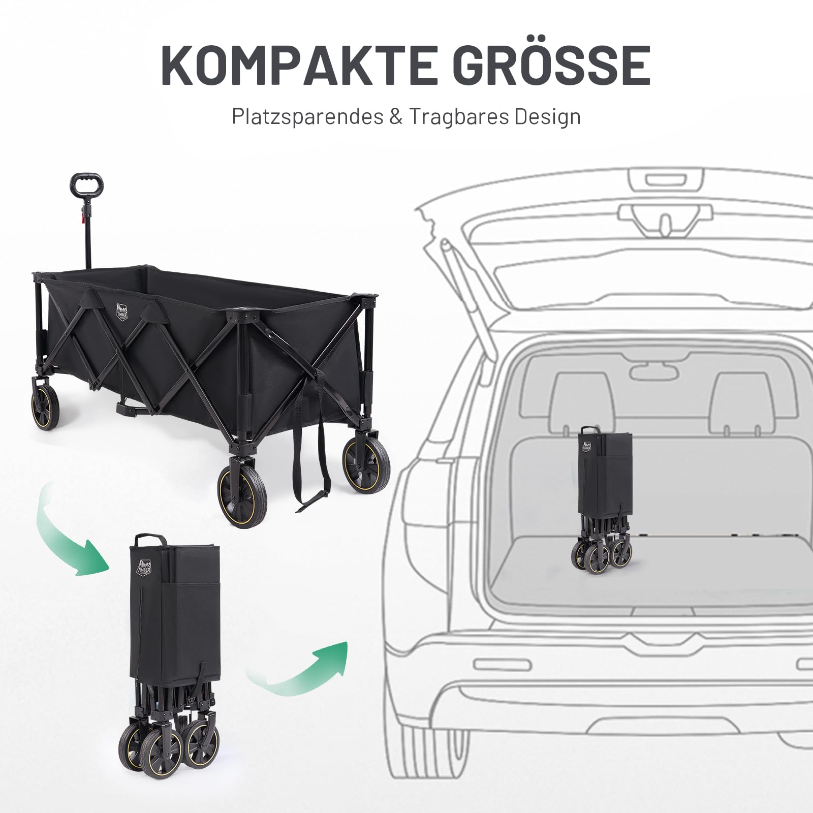 TIMBER RIDGE XXXL Bollerwagen Faltbar 300L 160KG mit Netze als Fallschutz Transportwagen mit Bremse Seitentasche Getränkehalter verstellbarem Griff, Gartenwagen Strandwagen für Alle Gelände Schwarz | 160KG Handwagen Klappbar mit Bremse Seitentasche Geträn