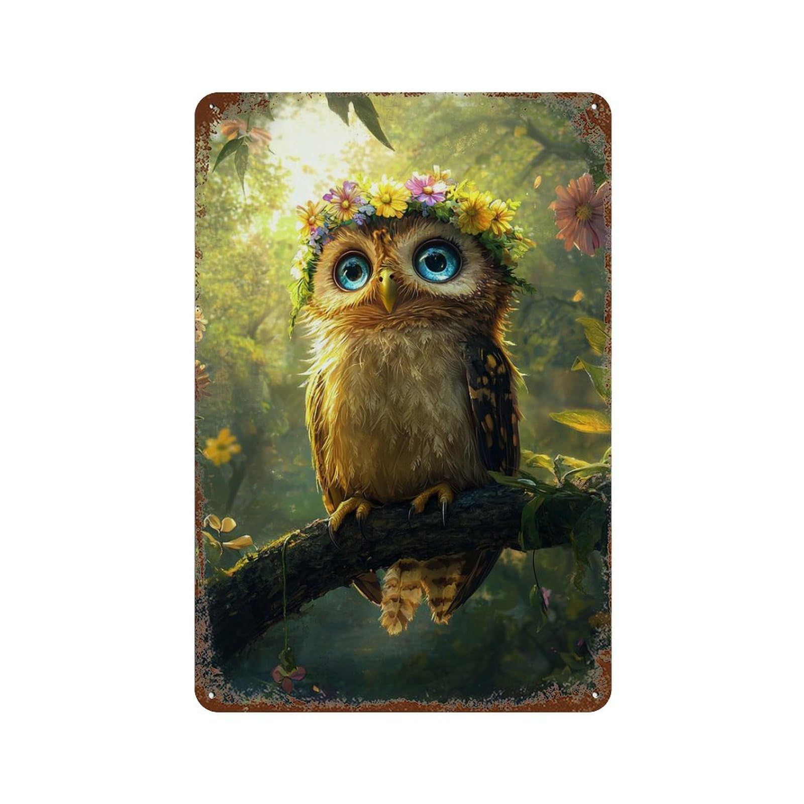 Vintage Rust Metal Sign Enchanted Forest Owl 11.8"x7.9", Industrial Home Decor for Farmhouse, Kitchen And Entryway Decor