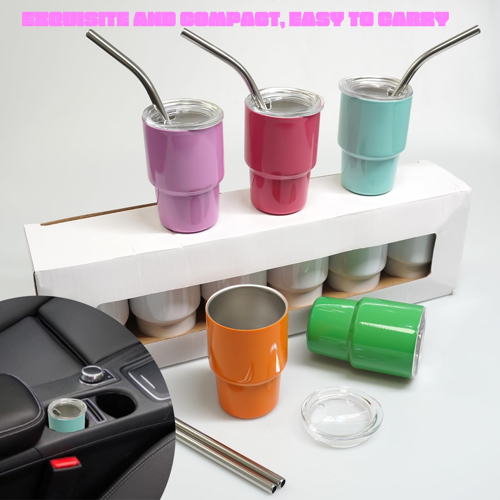Lot de 12 mini verres à shot avec paille - Double couche en métal - Avec couvercles - Pour boissons, café, cocktails - Multicolore