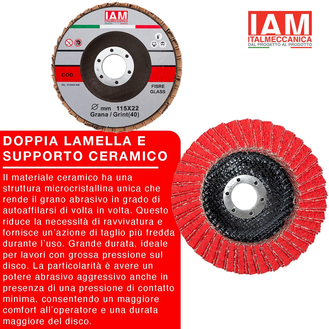IAM Disco Lamellare Ceramico per Smerigliatrice 115 x 22 mm | Disco Abrasivo Professionale Doppia Lamella per Acciaio Inox e Metallo | Alta Asportazione con Supporto Rinforzato | Grana 40 | 10 Pz