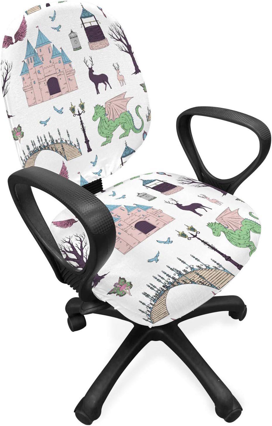 Ambesonne Fantasy World Office Chair Slipcover, Pastel Colored Print of Castles Dragons Deer Trees Birds and Bridge Theme, Protective Stretch Decorative Fabric Cover, Standard Size, Multicolor