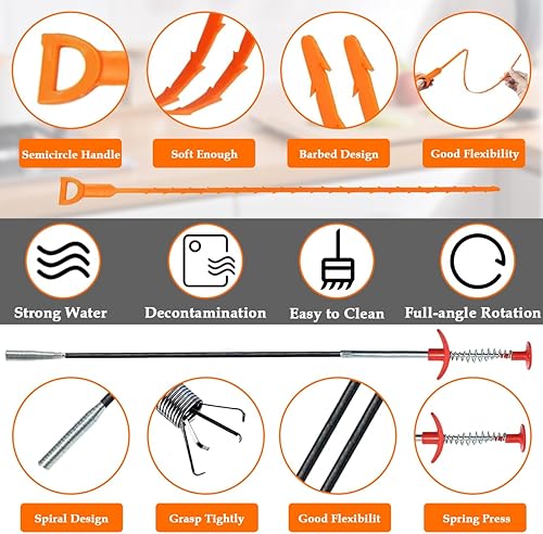 Miniatura 5 de SDTC Tech Paquete de 6 limpiadores de drenaje de serpiente de 64 pulgadas y removedor de obstrucciones para el cabello de 20 pulgadas, recuperador