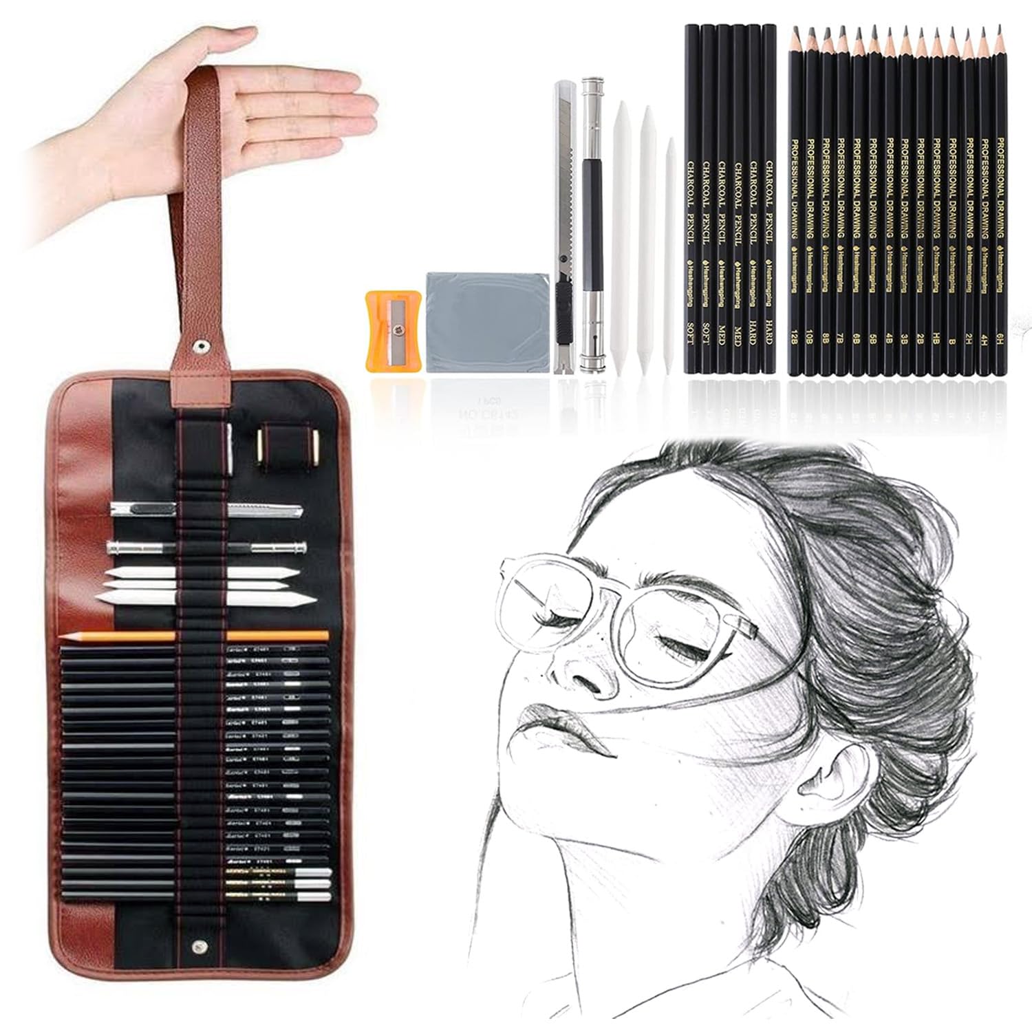 URBANFIX 29 Pieces Professional Sketching & Drawing Art Tool Kit with Graphite Pencils, Charcoal Pencils, Paper Erasable Pen, Craft Knife-Lightwish (with Canvas Rolling Pouch)