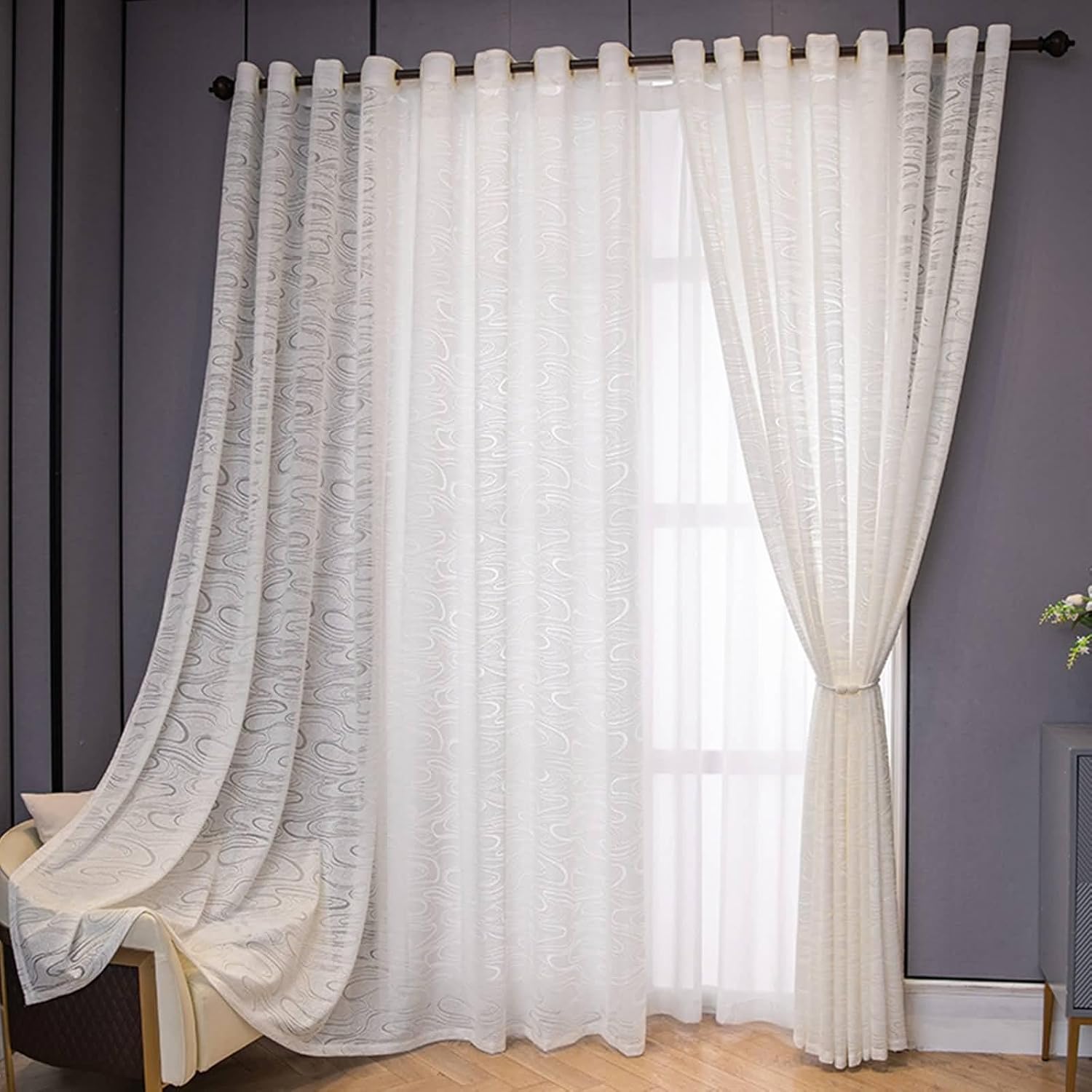 Sheer Curtains 90 Inches Long, Solid Color Textured Voile Curtains for Living Room, White, 42W x 90L inch