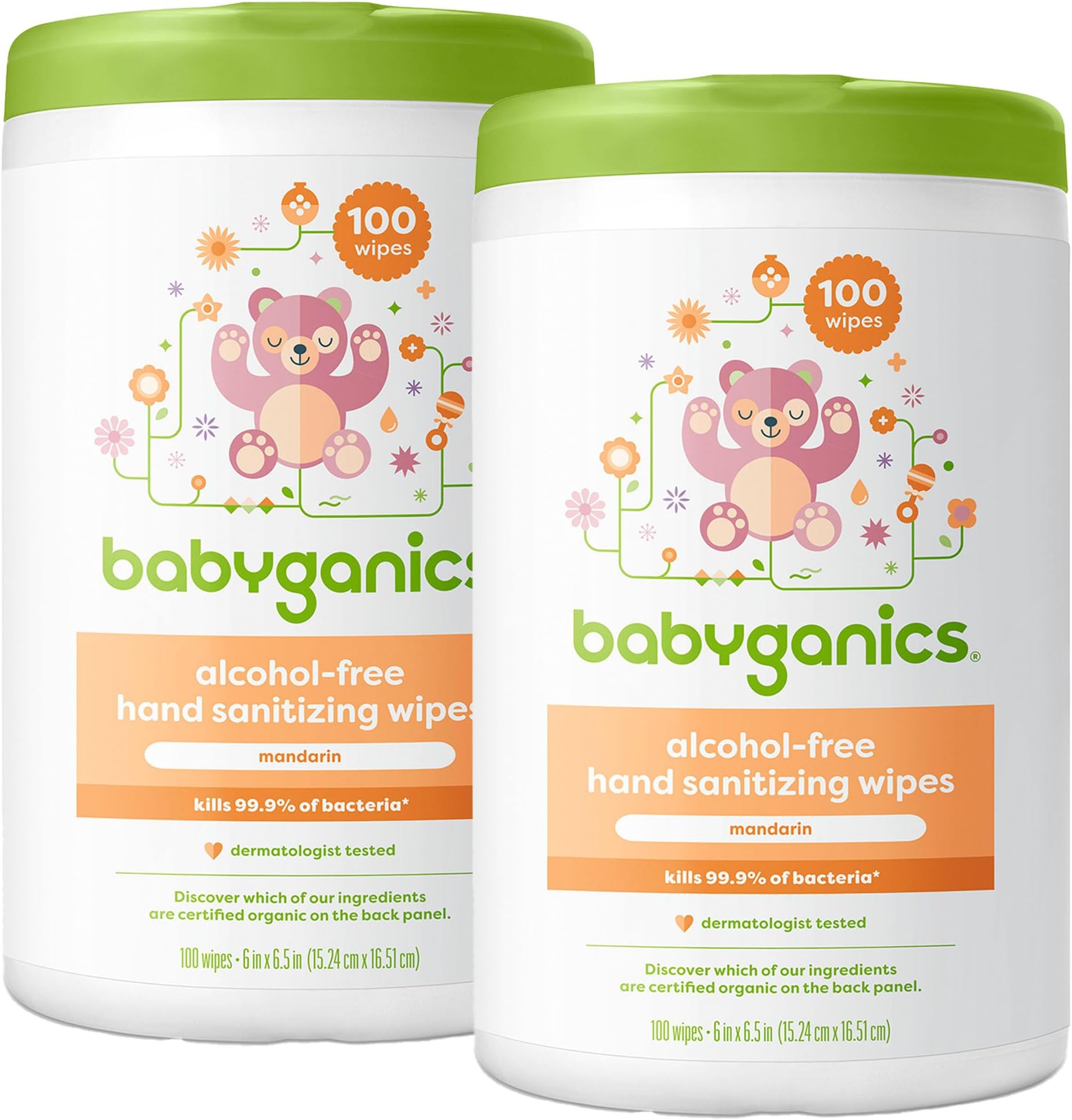 Babyganics Alcohol Free Hand Sanitizer Wipes, Mandarin, 100 Count Canister (Pack of 2), Standard