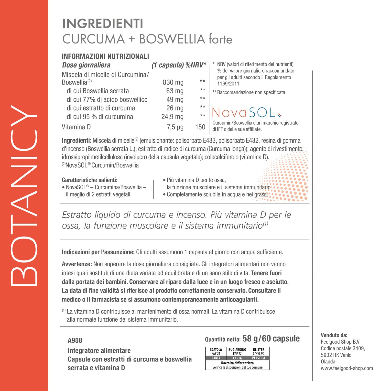 Botanicy CURCUMA + BOSWELLIA forte - 60 capsule di curcuma e incenso con materia prima NovaSOL - con vitamina D3 per ossa & muscoli - alta biodisponibilità, alto dosaggio
