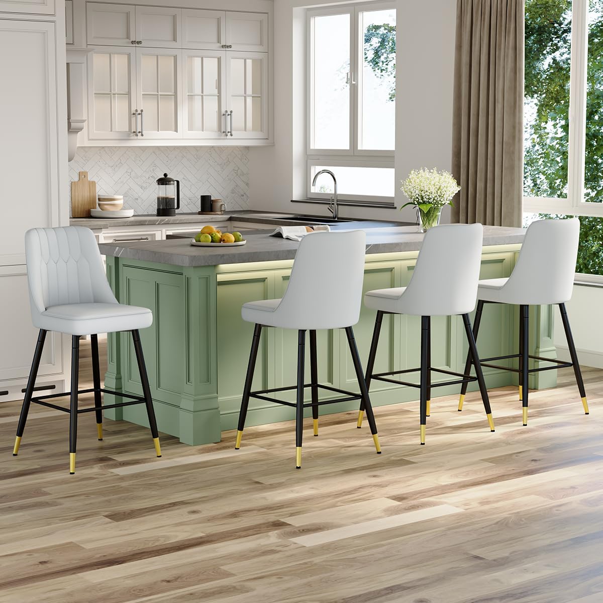 27" Bar Stools Set of 4 - Grey Counter Height Bar Stools Set of 4,Faux Leather Kitchen Island Stools with Sturdy Chrome Metal Leg,Counter Height Stools with Backs,Easy to Assemble
