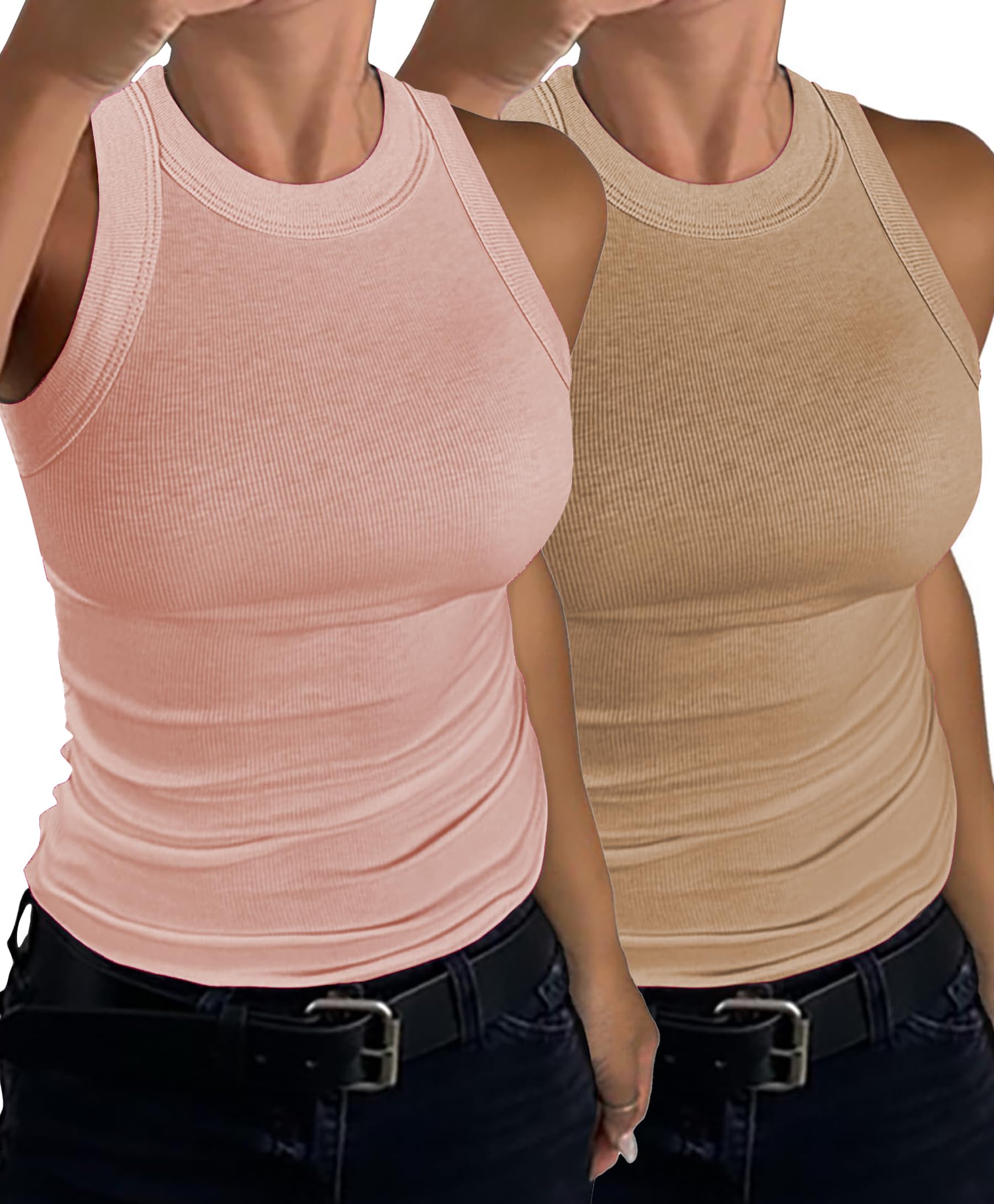 C O Z Y Womens Tank Tops 2 Pack Ribbed Racerback Top Summer High Neck Sleeveless Shirts Slim