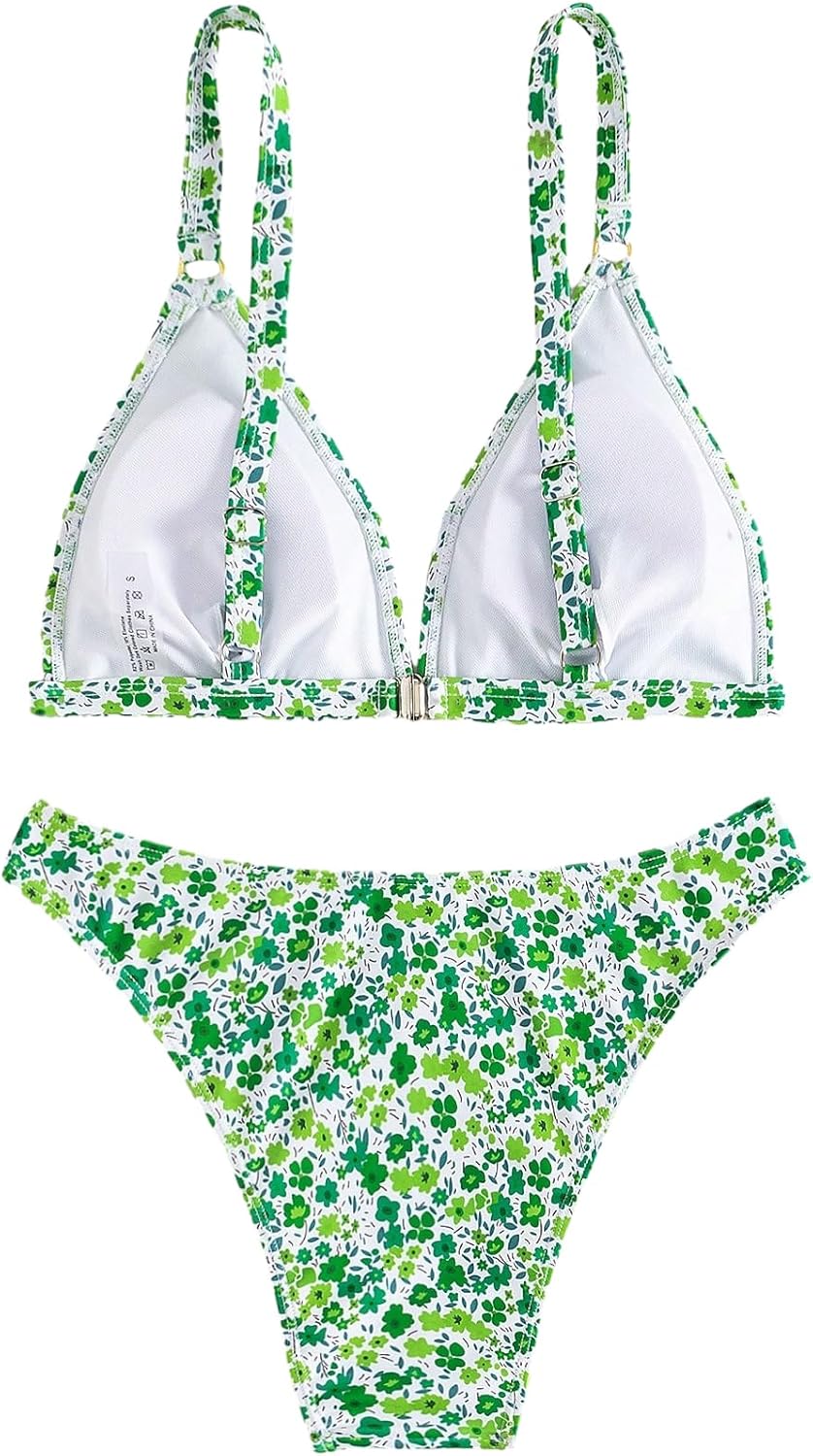 ZAFUL Women's 2 Piece Floral Print Swimsuit Triangle String High Cut Bikini Sets Bathing Suit
