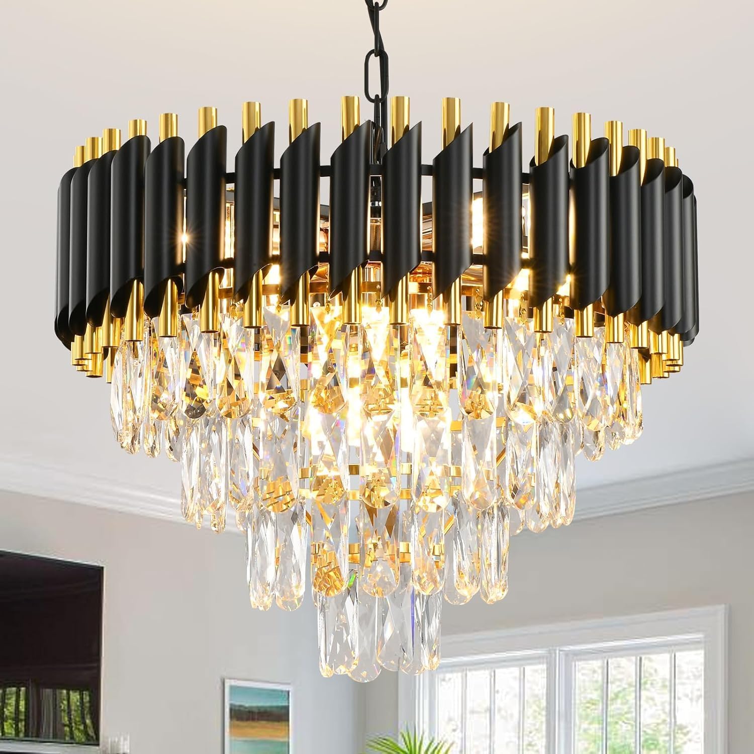 MSSIAN Gold Modern Crystal Chandeliers 4-Tier K9 Round Crystal Chandeliers Light Fixture Black Ceiling Light Fixture for Dining Room Living Room Bedroom Entryway ，E14*7Light