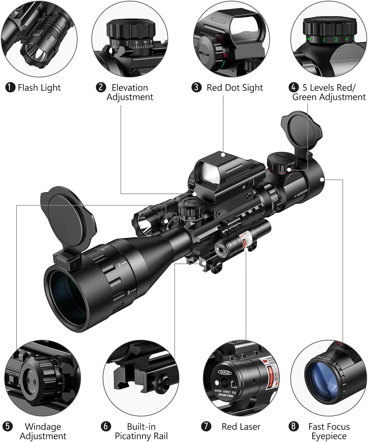 MidTen 4-16x50 AO Hunting Rifle Scope Dual Illuminated Optics & Illuminated Reflex Sight 4 Holographic Reticle Red/Green Dot Sight & Laser Sight & Flashlight