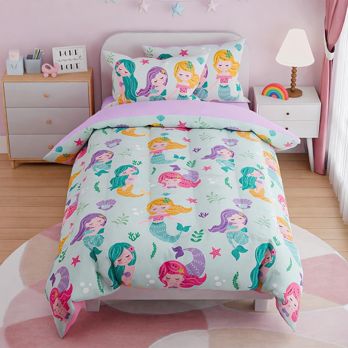 SANDJEST Mermaid Bedding Twin for Girls, Ultra Soft Microfiber Comforter Set Twin Size with 3-Pieces, Comforters Bed Sets for Kid Children Teen Tween Bedroom Decor