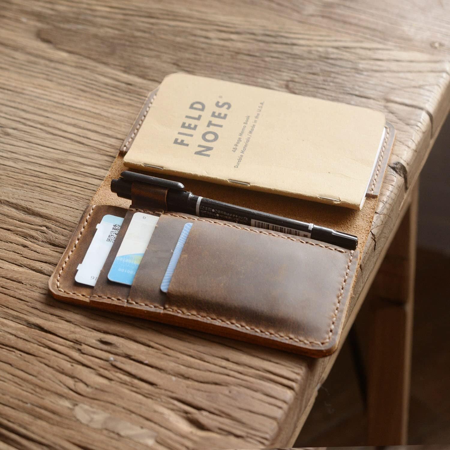 Leather Journal Cover for Field Notes/Moleskine Cahier Pocket size 3.5" x 5.5" with pen holder Refillable Distressed Brown 308