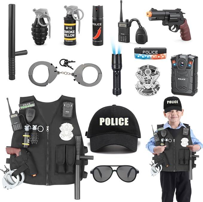 XSYKJGS Panoplie Complète de Policier 15 Pièces avec Gilet, Casque et Accessoires d'Intervention