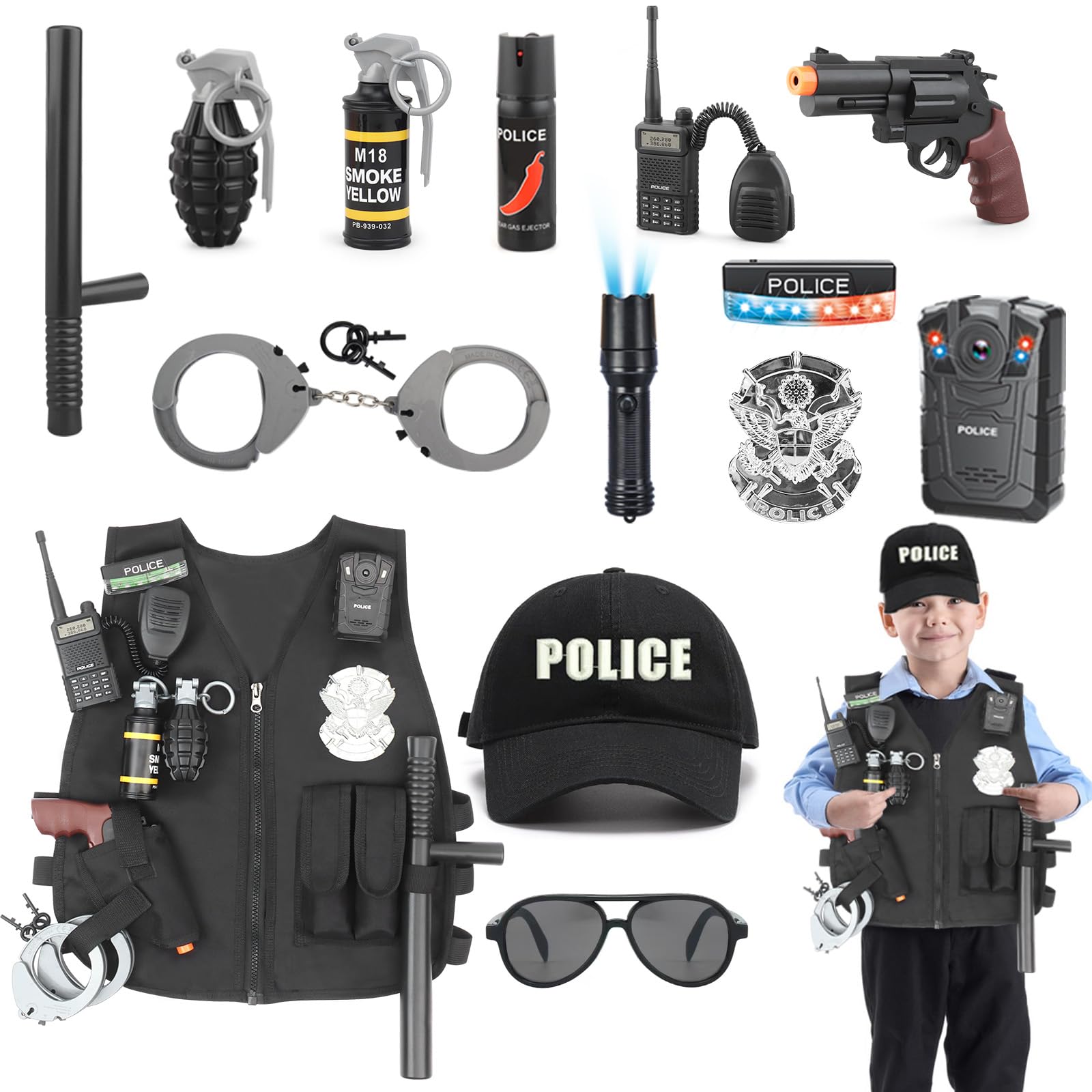 XSYKJGS Déguisement Policier Enfant 15 Pièces - Costume Police Complet avec Accessoires (Casque, Menottes, Gilet) pour Fille et Garçon - Idée pour Halloween et Carnaval