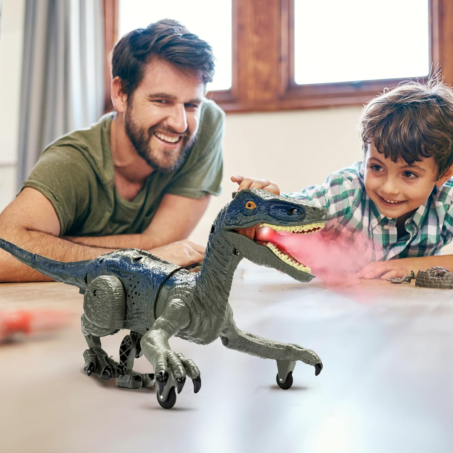 TALGIC Remote Control Velociraptor, Dinosaur Toy with Spraying, Roaring, Swaying Head, Wagging Tail, Remote Control Dinosaur, Interactive Robot Raptor Toy for Kids