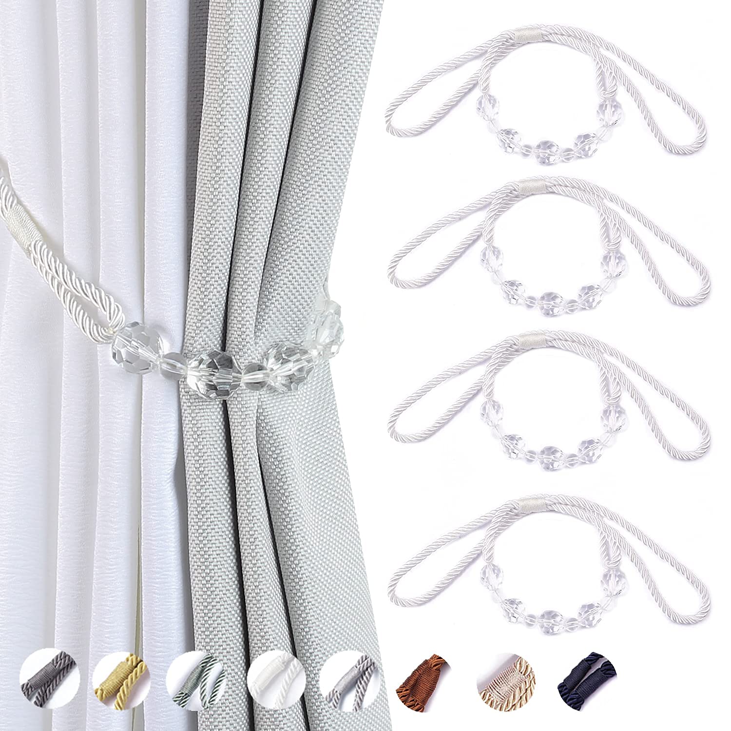 Tassel Curtain Tiebacks， Curtain Tiebacks 4 Pack Multicolor 31. inches Braided Rope With Crystal Beads(Wit)