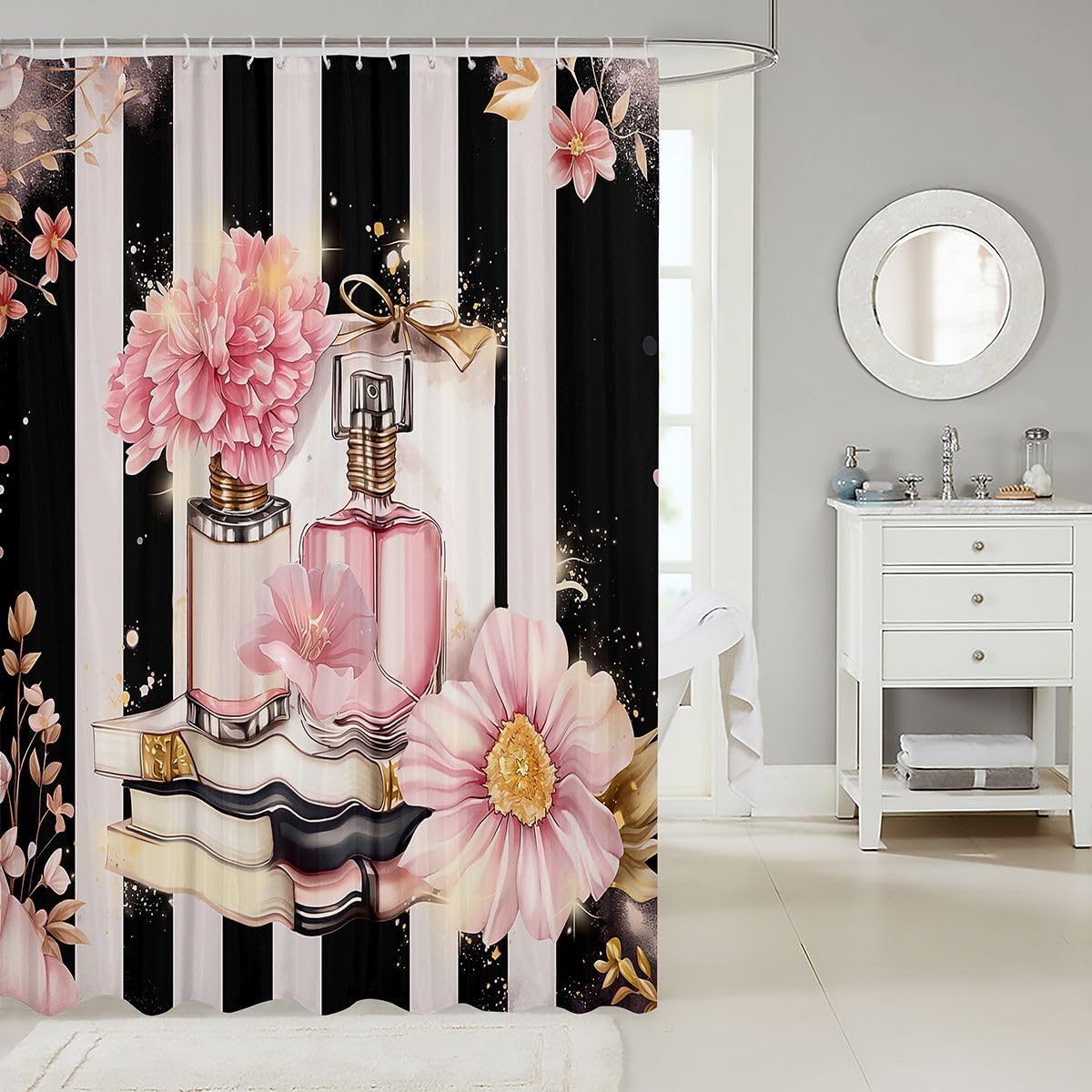 Erosebridal Pink Floral Shower Curtain Modern Fashion Girly Bath Curtain Romantic Makeup Themed Bathroom Decor Black White Stripe Waterproof Curtain Women Perfume Print Curtain,72" W x 84" L