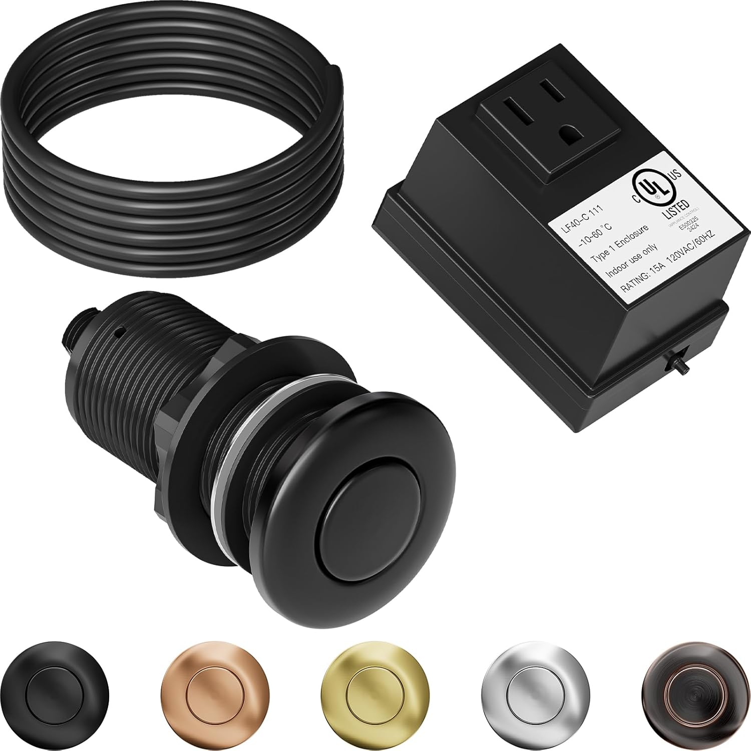 Garbage Disposal Air Switch Kit Sink Top Waste Disposal Long Stainless Steel Black On/Off Air Button Food and Waste Disposals Part, UL Listed