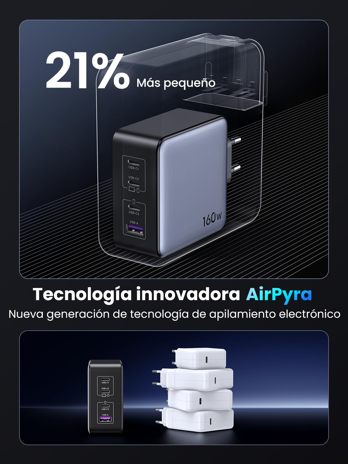 UGREEN Nexode 160W Cargador USB C Carga Rápido GaNInfinity Adaptador | PD 3.1 PPS 45W con 4 Puertos Compatible con iPhone 17 Pro MAX Air 16 15 14 Galaxy S26 25 24 Pixel 10 Pro iPad MacBook M5 M4
