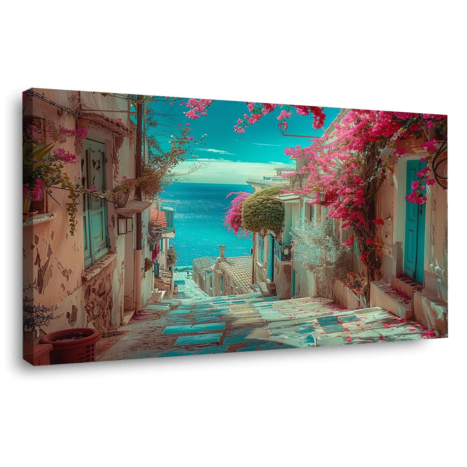 WIKEO Beach Pictures on Canvas Wall Art Beautiful Beach Scenery Modern Prints Seaview Landscape Artwork - for Living Room Bedroom Home Office Wall Decoration(Pink 10)-20x40cm Framed