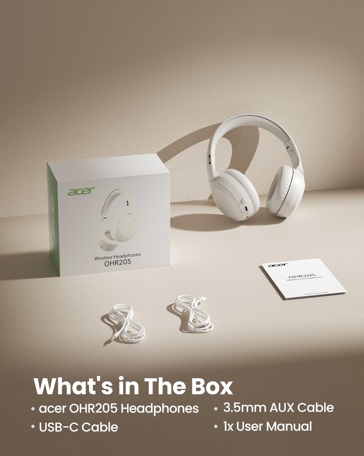 acer OHR205 Cuffie Bluetooth senza fili, 70 ore di riproduzione, cuffie sovrauricolari pieghevoli con driver da 40 mm, cuscinetti in memory foam, Bluetooth 6.0 multipunto per viaggi, casa, ufficio