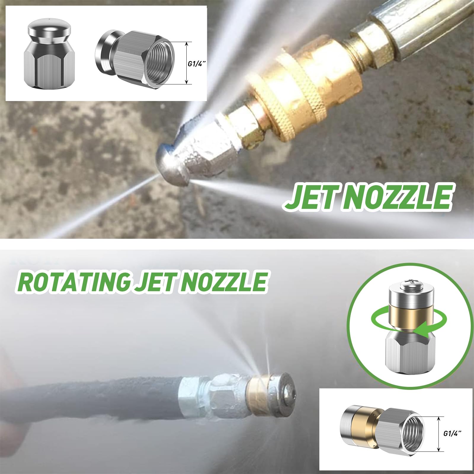 Riool Jetter kit voor hogedrukreiniger, 150ft slang, 1/4 inch afvoerreinigingsslang, knopneus en roterende rioolstraalmondstuk, rioolstraalset voor hogedrukreiniger, jetterslang, 4,5, 5,5, 4000 PSI