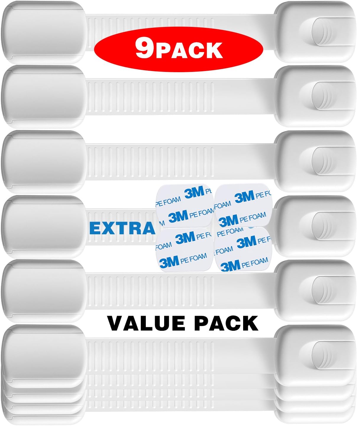 Baby Safety Locks, Child Proof Cabinets, Drawers, Appliances, Toilet Seat, Oven and Fridge Locks, No Tools Required, 3M Adhesive with Adjustable Strap and Latch System (9-Pack, White)