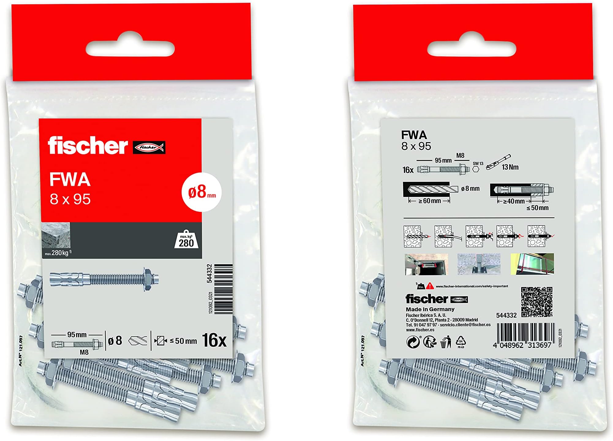 Anchors Metal Expansion for Concrete, Expansion Anchor Bolts, Bag 16 pcs FWA 8x95