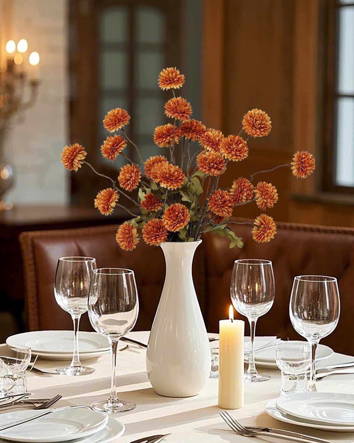 DuHouse 6pcs Artificial Flowers Faux Silk Pompon Mum,Silk Small Mini Chrysanthemum Ball with Stems for DIY Wedding Bouquets Centerpieces Vase Home Table Kitchen Decorations(Burnt Orange) - Image 4