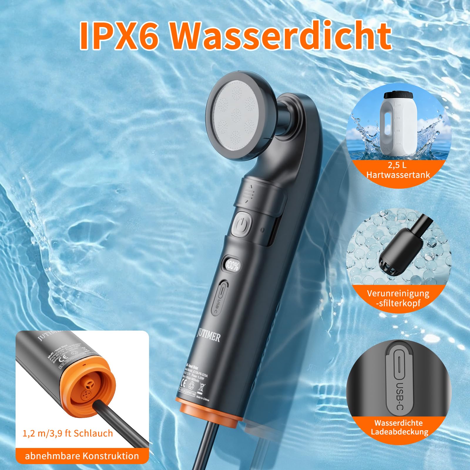 Tragbar Po Dusche Elektrisches Bidet, 2.5L Wassertank für Reise Outdoor & Wandern, ersetzt Feuchtes Toilettenpapier, ideal für Männer, Frauen, Schwangerschaft & Reisen,Duschbrause
