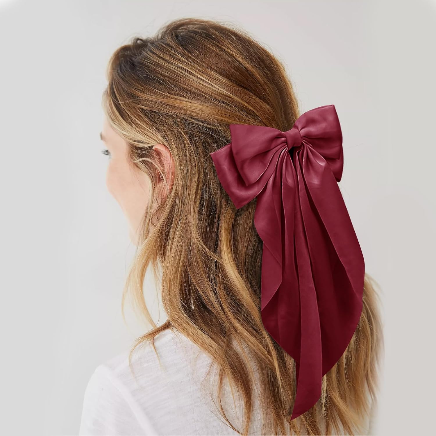 Large Hair Bows for Women Deep Red Silky Satin Hair Bow Hair Clips Long Tail Oversize Hair Ribbon Coquette Bows Hair Accessories for Girls image 2