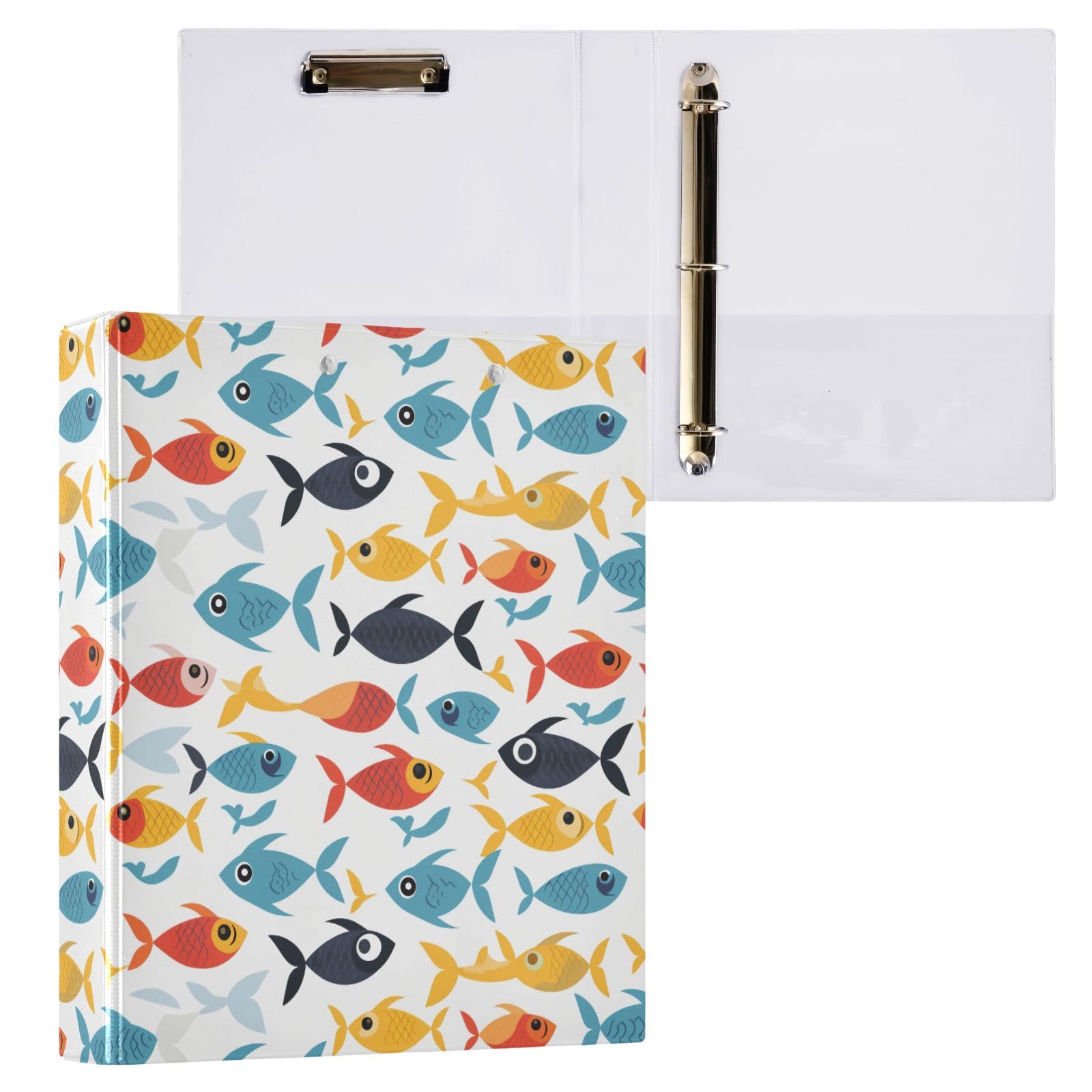 Raccoglitore a 3 anelli a 3 anelli con motivo a piccoli pesci, 3,8 cm, contiene 200 fogli con 3 tasche interne in PVC trasparente, per scuola e ufficio