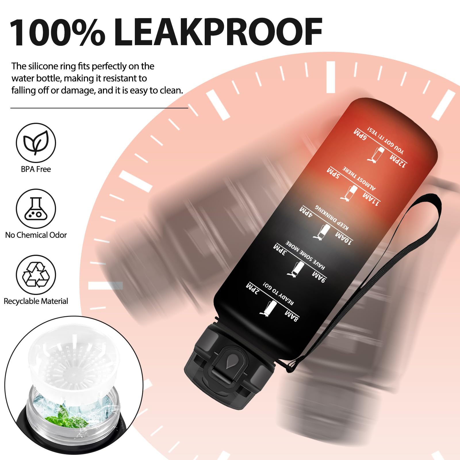 Baramumu Borraccia 1 litro, Borraccia Palestra, a Prova di Perdite, Bottiglia acqua, Facile da Aprire, Borracce, per Fitness, Yoga, Ufficio, Palestra, Trekking, Nero&Rosso - 5