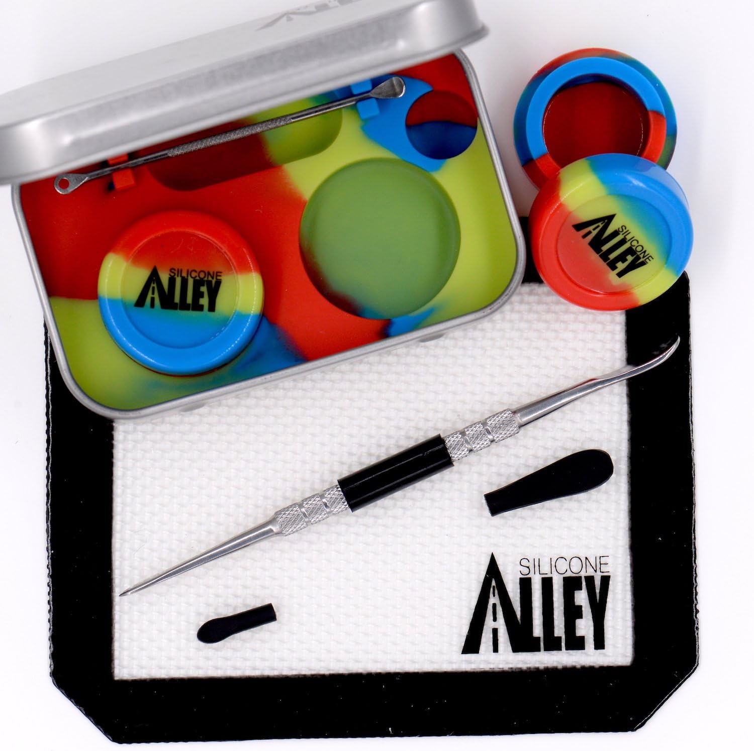 Wax Carving Travel Kit - [EMBLAZIN Series] Nonstick Tin [Fits in Pocket] with Silicone Jar Containers 5ml (2 Units) + Stainless Steel Carving Tool (1) + Mini Carver (1) + Wax Mat 3" x 5" (1)