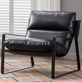 Ya-Home Mid-Century Accent Chair, Comfy PU Leather Side Chair with Armrest, Upholstered Leisure Chair with Black Metal Fra...