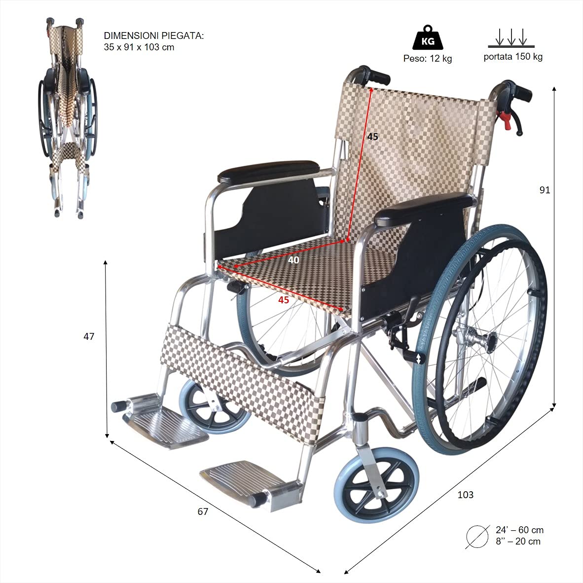 POLIRONESHOP TOSCA - Carrozzina Pieghevole ad Autospinta in Alluminio per Massima Manovrabilità, Leggerezza, Comfort e Facilità d'Uso (Oro)