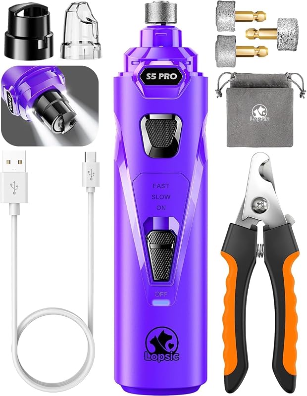 Lixador de Unhas para Cães e Gatos com LED, 3 Velocidades e 12.000 RPM LOPSIC Purple