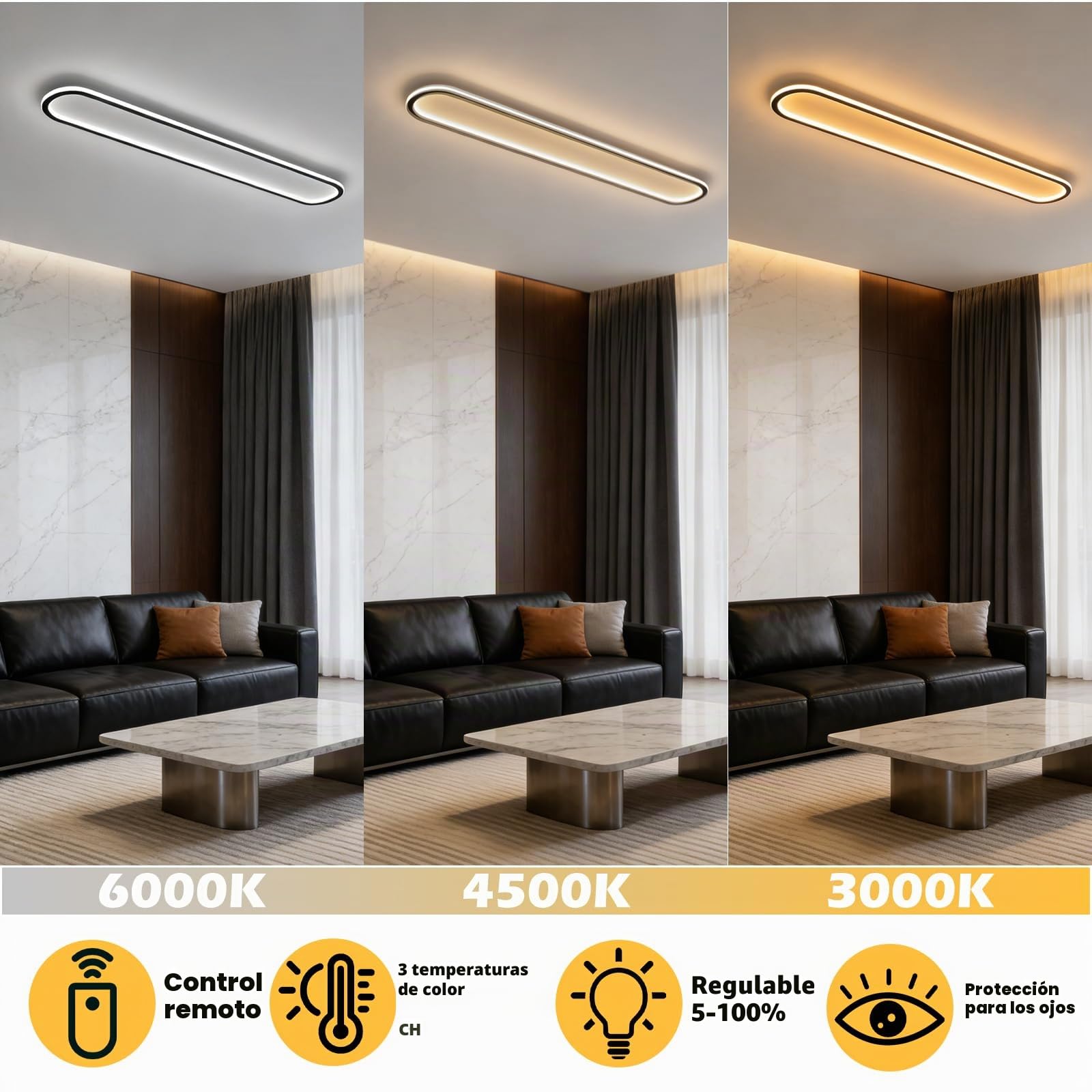 Plafón LED Techo 120 cm Regulable para Salón Cocina y Pasillo, Negro | Lampara Techo con Mando a Distancia, Luz 3000K-6000K, Cuerpo de Hierro con Difusor de Silicona, uso Interior Diario