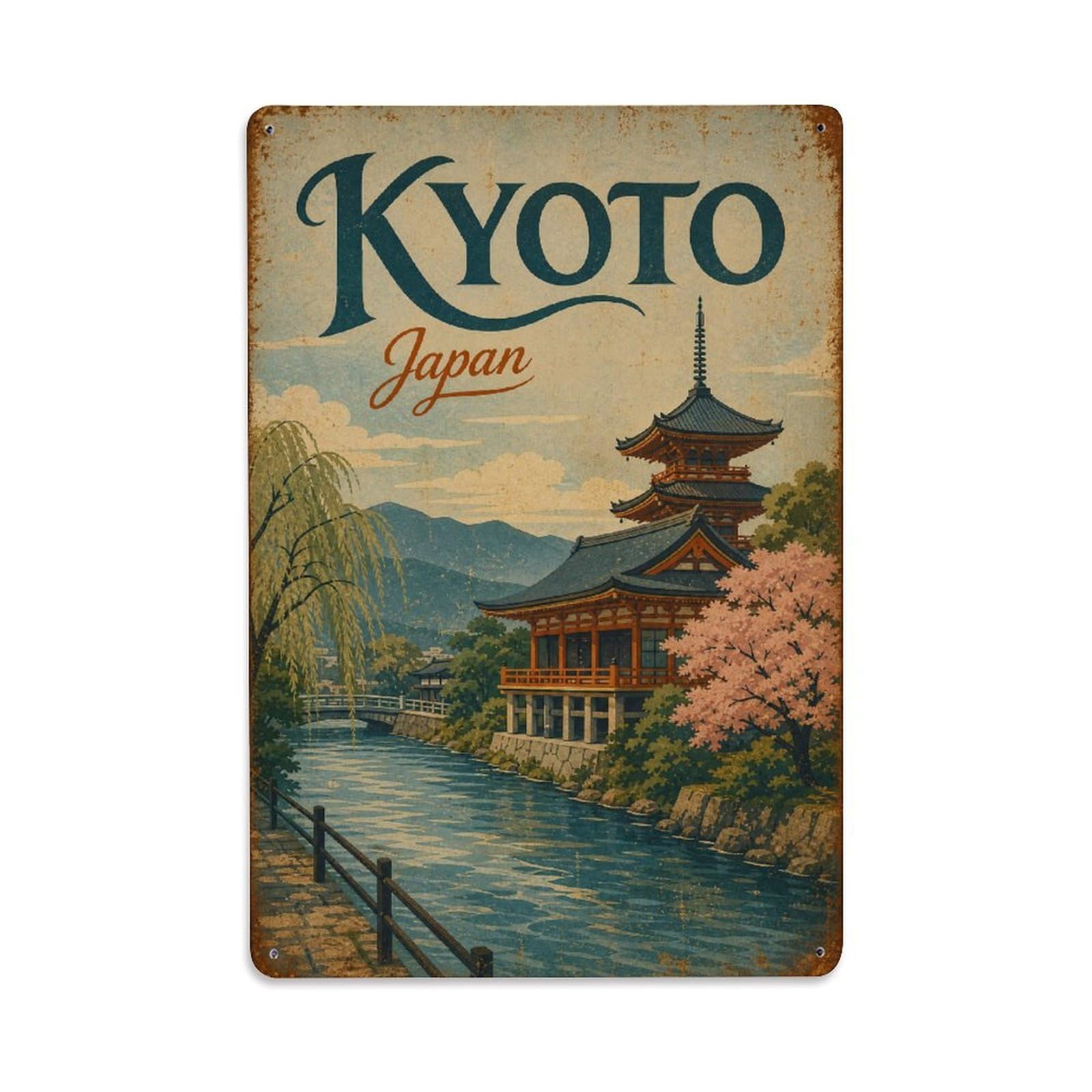 Gead 8X12inch Style Vintage Travel Kyoto Japan Riverside Metal Tin Sign