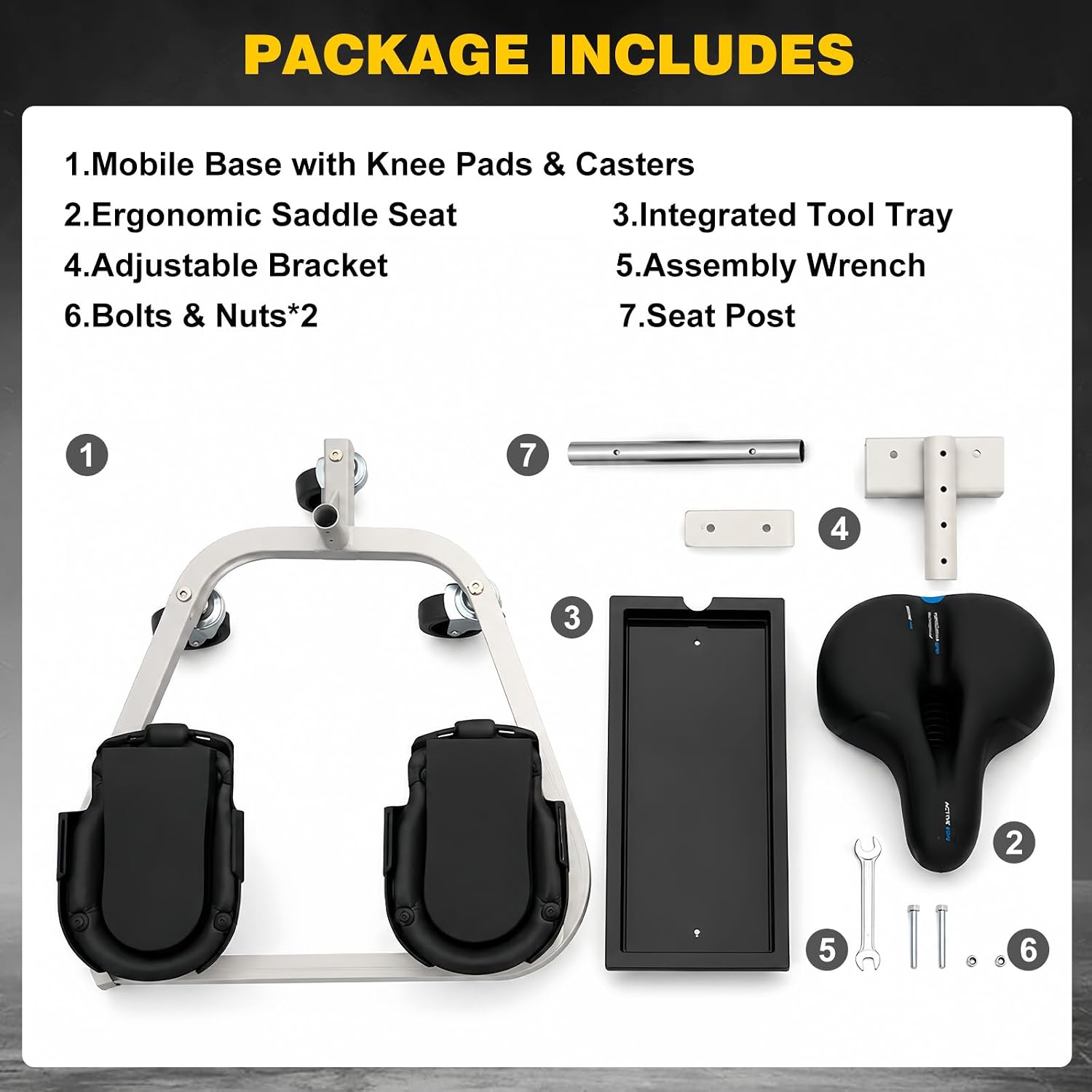 Kneeling Sitting Creeper with Seat, 300 lb Kneeling Sitting Creeper with Adjustable 11"-15" Seat, Thick Foam Knee Pads, 3 in Quiet Wheels and Tool Tray for Flooring, Tile, Garage Work | Comfort Knee Support, Adjustable Seat, Tool Tray, Quiet Wheels, 300 lb Capacity