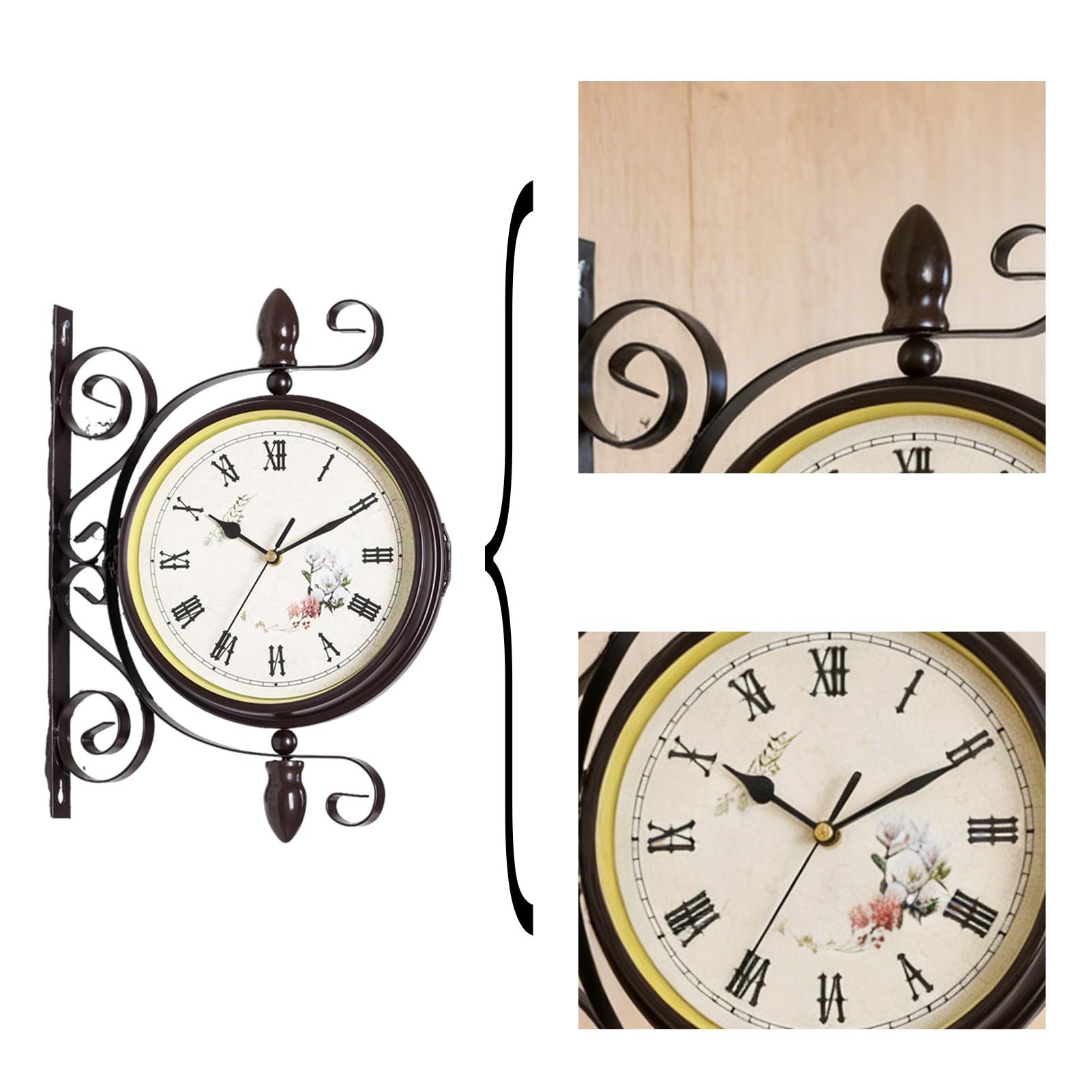 Bahnhofsuhr doppelseitig,Wanduhr im antiken Stil,30 X 40cm,Batterie, Eisen Bahnhof Stil,Metall, Zwei Gesichter,Gartenuhr im Vintage-Stil für Bahnhof, Flur oder Garten (ländlich-Braun)