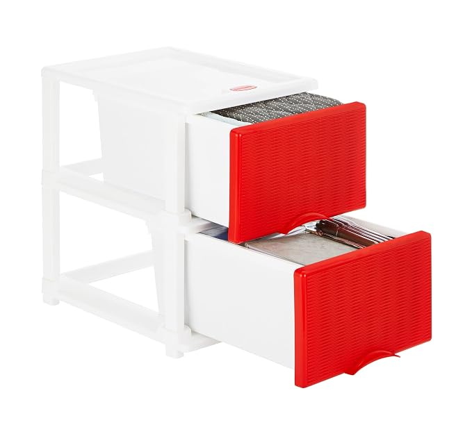 Amazon Brand - Solimo Premium Plastic Multipurpose Modular Drawer for Home and Office - Large (2 Racks, Red, Rattan Design)