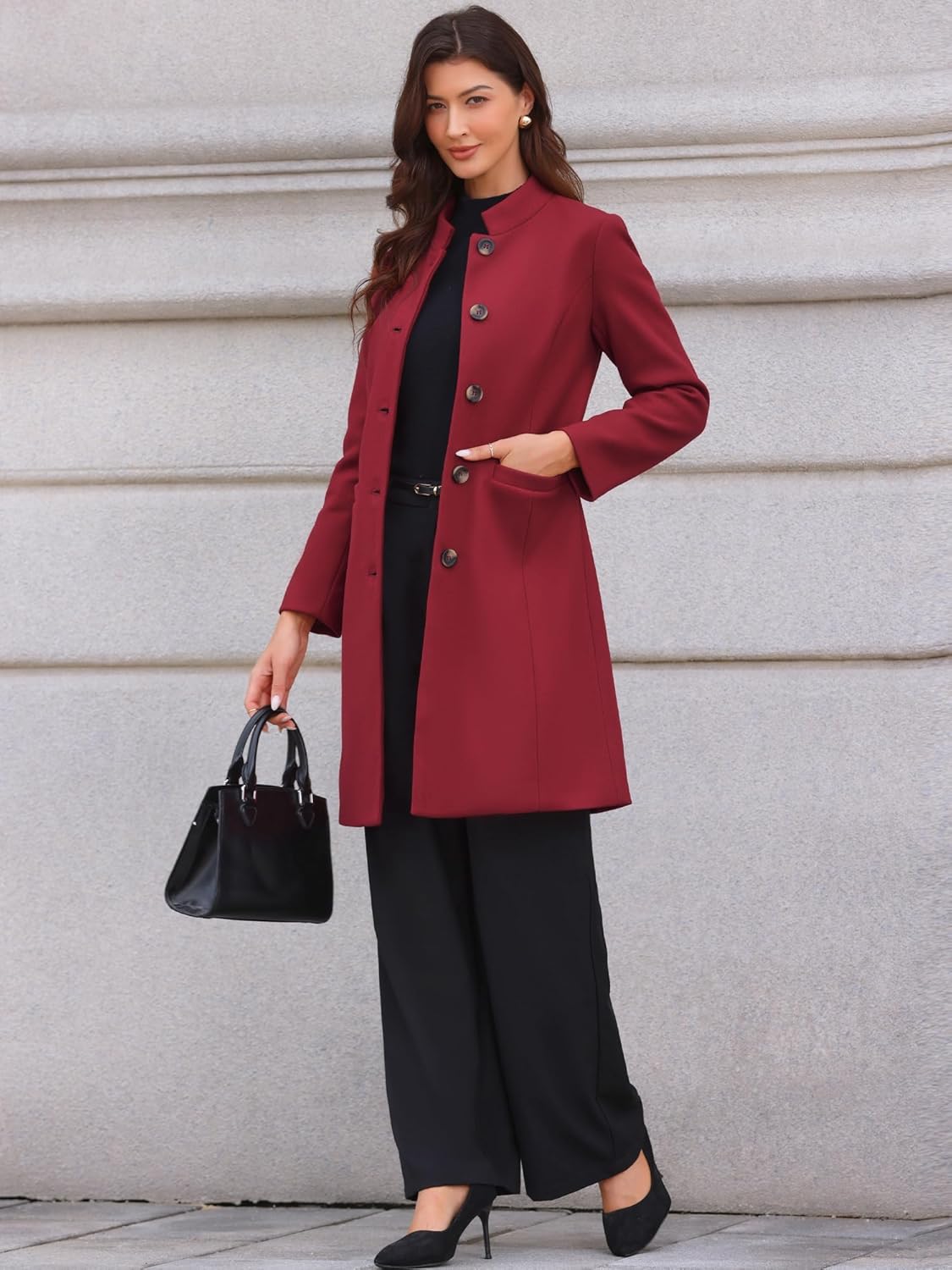 Allegra K Winter Coat for Women Stand Collar Single Breasted Pea Coat Mid-Long Outwear with Pocket - Image 3